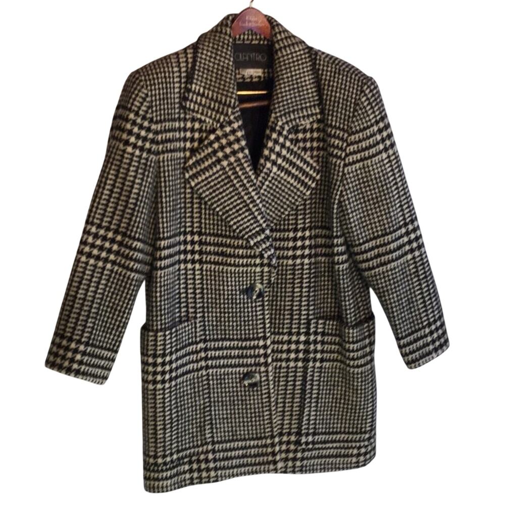 Cilantro L Black white wool plaid coat worn once